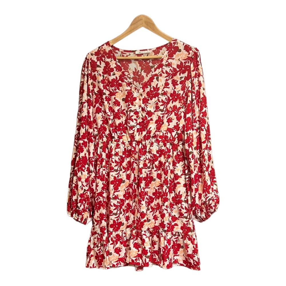 Cupshe, XL, Woman’s red floral midi dress. V-neck, balloon sleeves, empire waist